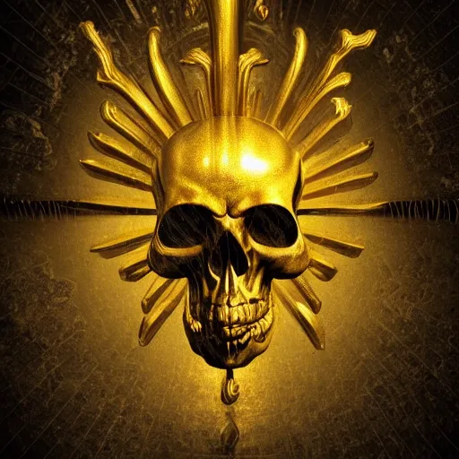 Image similar to chiaroscuro baroque still life octane render of a ray of god light shining on golden skull with head completely covered in engraved ancient runic inscriptions prophecies, spells, dark ominous background.