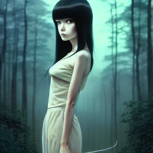 Image similar to very tall girl by junji ito, green eyes and very extremely long black hair by ilya kuvshinov, tom bagshaw, rtx reflections, octane render 1 2 8 k, extreme high intricate details by wlop, digital anime art by ross tran, wide shot, composition by tom bagshaw, lighting by wlop