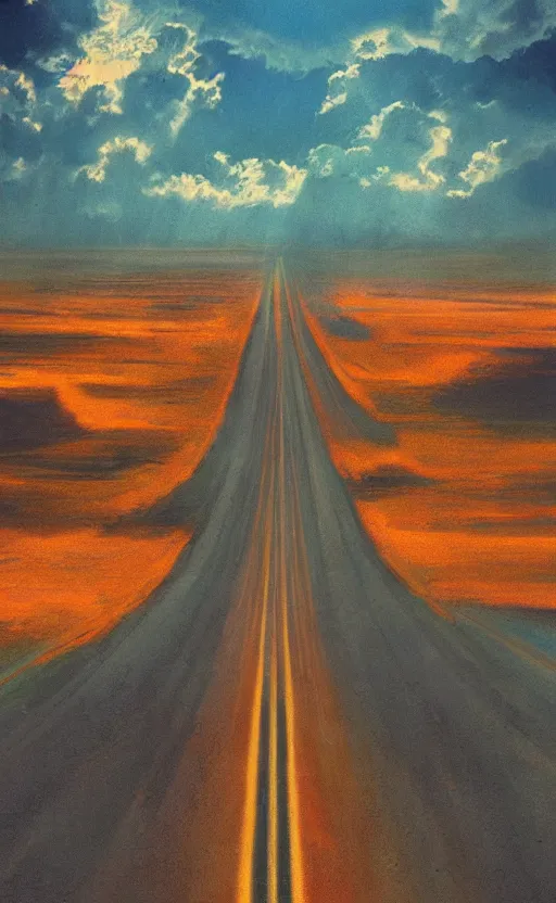 Image similar to paperback book cover. 1 9 7 0 s. pure colors, melting clouds, accurately drawn details, a sunburst above a receding road with the light reflected in furrows and ruts, after rain. photorealistic. octane render. cinematic. trending on artstation. textless.