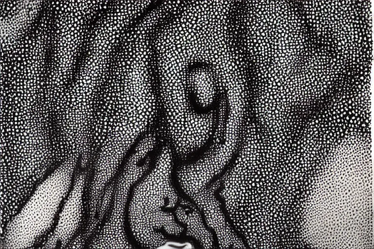 Image similar to face made out of evil, faceless people dark, dots, drip, stipple, pointillism, technical, abstract, minimal, style of francis bacon, asymmetry, pulled apart, cloak, hooded figure, made of dots, abstract, balaclava, colored dots