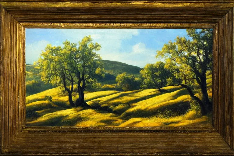 Image similar to masterpiece painting of oak trees on a hillside overlooking a creek, dramatic lighting, by peter ferguson