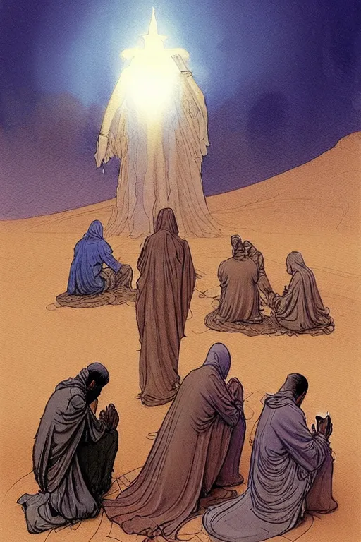 Image similar to a hyperrealist watercolour character concept art portrait of a group of middle eastern men kneeling down in prayer in front of a giant angel on a misty night in the desert. a ufo is in the background. by rebecca guay, michael kaluta, charles vess and jean moebius giraud