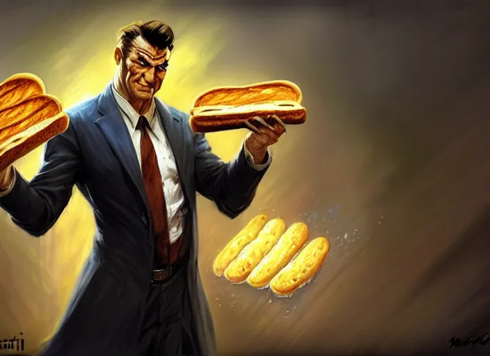 Prompt: magic : the gathering fantasy character concept art of the great businessman by marco bucci and frank frazetta, high resolution. a clear portrait of powerful, business man wearing a business suit, holding a magical briefcase overflowing with bread and toast swirling around, fantasy coloring, intricate, digital painting, artstation, smooth, sharp focus