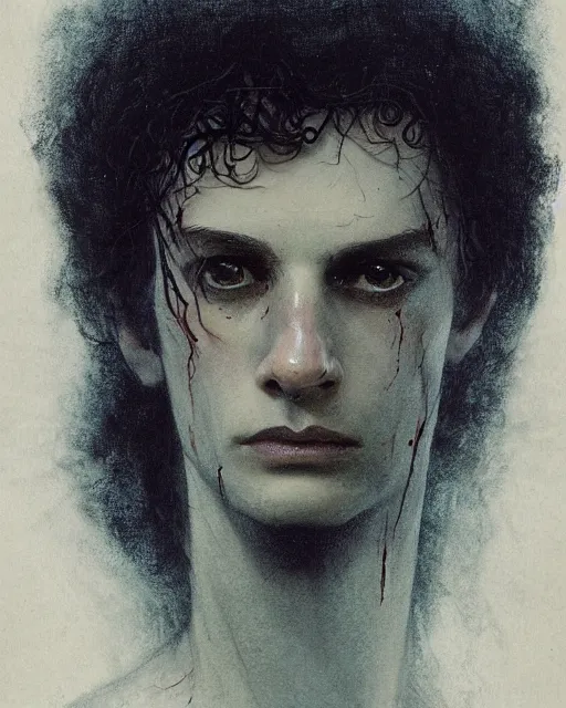 Prompt: a beautiful but sinister young man in layers of fear, with haunted eyes and wild hair, 1 9 7 0 s, seventies, woodland, a little blood, moonlight showing injuries, delicate embellishments, painterly, offset printing technique, by john howe