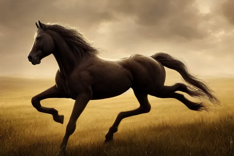 Image similar to a stunning horse, right anatomy, 4 legs, running through a meadow by greg rutkowski, high key lighting, volumetric light, digital art, highly detailed, fine detail, intricate, ornate, complex, octane render, unreal engine, photorealistic