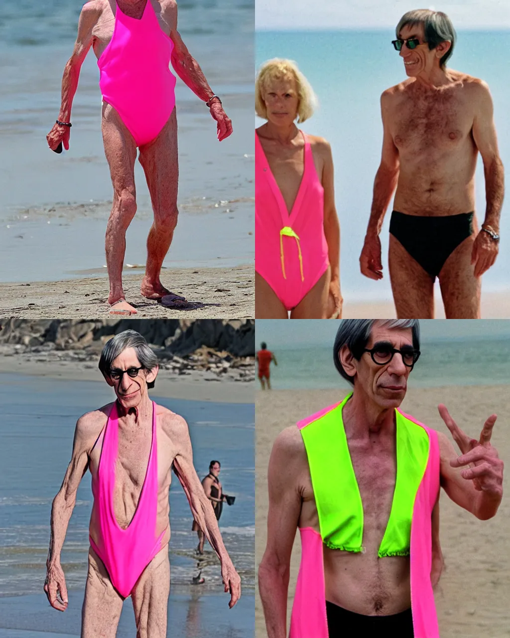 Prompt: richard belzer wearing a neon pink mankini at the beach