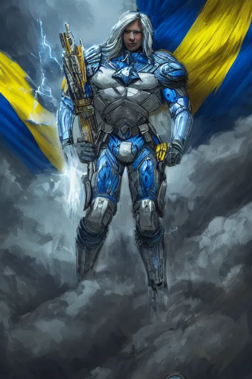 Image similar to an accurate picture of a super soldier with a Ukrainian blue and yellow stripes flag standing in the beam of light from the clouds on a pile of skulls as a winner, masculine figure, D&D, fantasy, intricate, elegant, highly detailed, extremely detailed, digital painting, artstation, concept art, matte, sharp focus, symmetrical, illustration, art by Artgerm and Greg Rutkowski and Alphonse Mucha