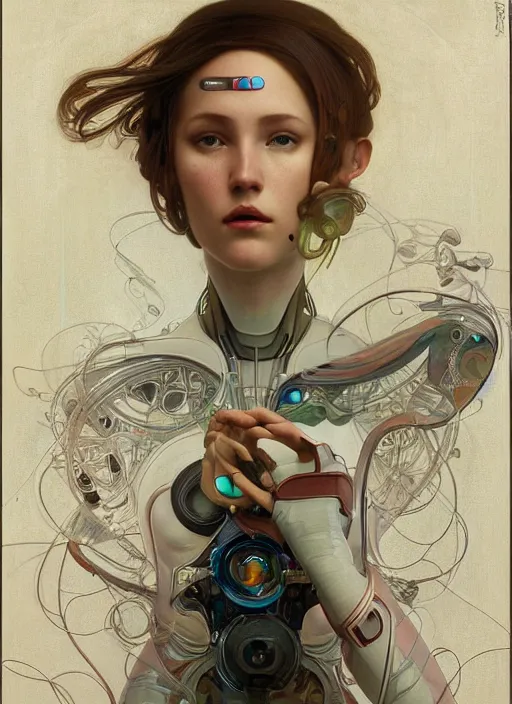 Prompt: portrait of a beautiful female android, coy, circuitry visible in head, in the style of ex machina, karol bak, alphonse mucha, greg rutkowski, artstation,