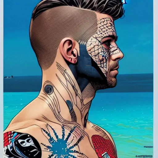 Image similar to a portrait of a man with side profile cleaned shave blood in ocean and sea intricate details by MARVEL comics and Sandra Chevrier