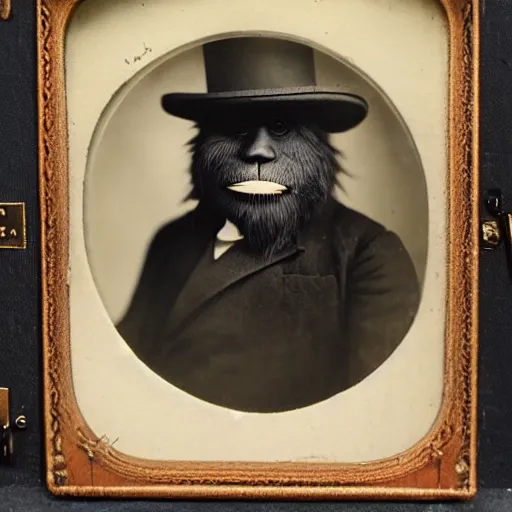 Prompt: a vintage wet plate portrait of a dignified bigfoot with a top hat and cane, extremely detailed, by james van der zee!!!!!!!!!!!!!!!!!!