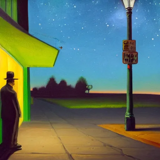 Image similar to a painting painting of a lonely man with a skull as his head waiting for the bus at night, green dramatic and cinematic light from the streetlight, the sky is full of stars, in the style of edward hopper, 4 k,