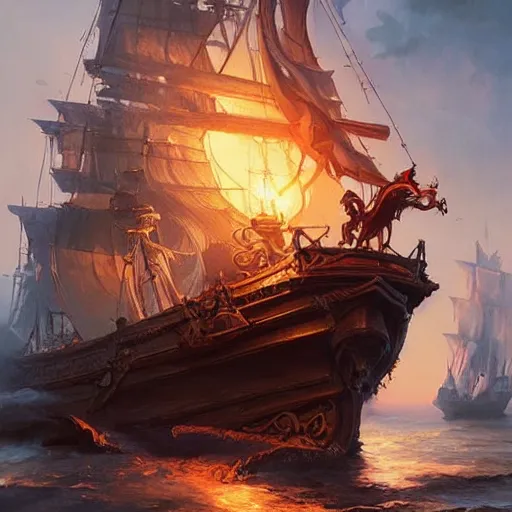 Prompt: pirate ship on fire d & d fantasy intricate elegant highly detailed digital painting artstation concept art matte sharp focus illustration hearthstone art by artgerm art by greg rutkowski art by alphonse mucha