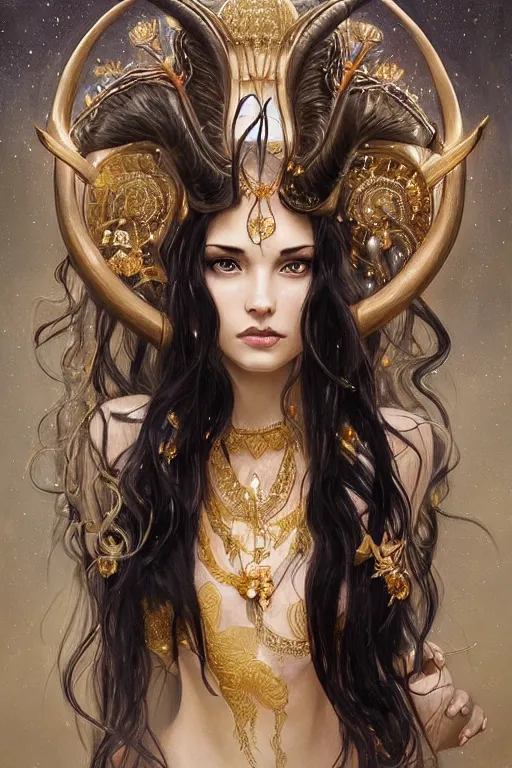 Prompt: a beautiful woman with long black hair, big symmetrical natural ram horns on her head, flowing dress, gold jewellery, dnd, face, fantasy, intricate, elegant, highly detailed, digital painting, artstation, concept art, smooth, sharp focus, illustration, art by artgerm and greg rutkowski and alphonse mucha