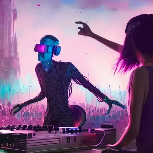 Image similar to highly detailed surreal vfx, 3 d matte render, vr goggles, mannequins, dj rave party, stephen bliss, unreal engine, greg rutkowski, loish, rhads, beeple, makoto shinkai and lois van baarle, ilya kuvshinov, rossdraws, tom bagshaw, global illumination, detailed and intricate environment