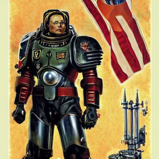 Prompt: elon musk as a warhammer 4 0 k space marine, by norman rockwell,