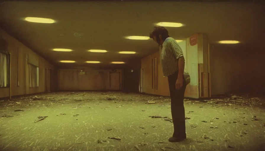 Image similar to 7 0 s film still from a horror movie with one person standing omniously in an abandoned bowling alley, kodachrome, cinecolor, cinestill, photorealism, cinematic, film grain, film texture, vhs recording