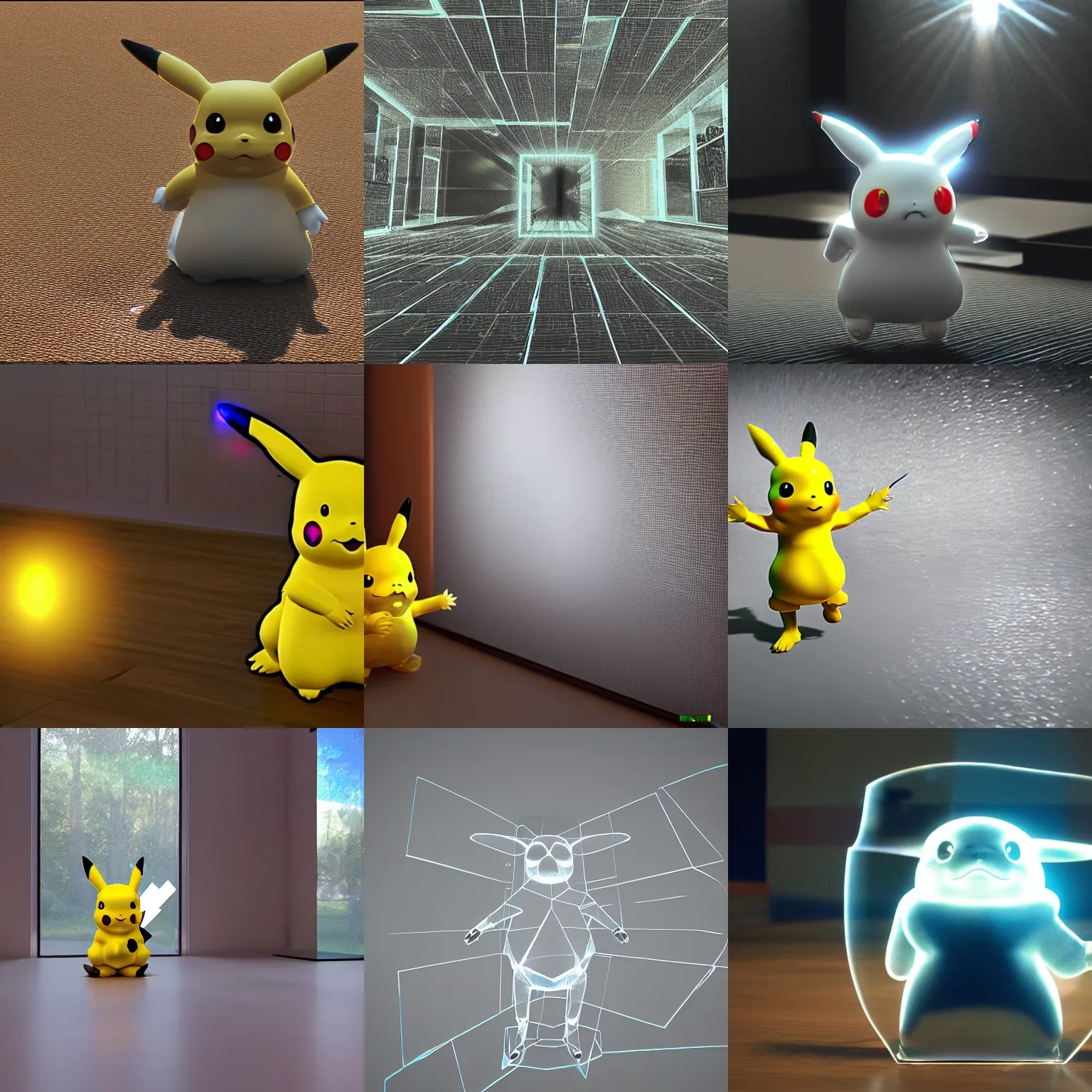 Prompt: Ray traced clear glass pikachu, refracted sunlight, raytraced, vfx