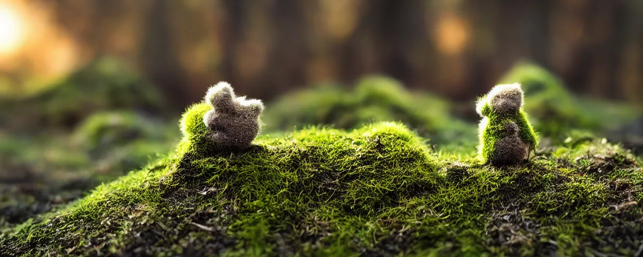 Image similar to tiny cute mossy forest creatures by bobby chiu, at sunset, macro photography, goro fujita, cute, adorable, cinematic