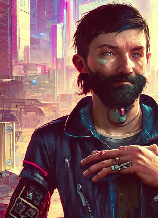 Image similar to portrait of DanTDM as a homeless character in Cyberpunk 2077, looking at camera, intricate, dystopian, sci-fi, extremely detailed, digital painting, artstation, concept art, smooth, sharp focus, illustration, intimidating lighting, incredible art by artgerm and greg rutkowski and alphonse mucha and simon stalenhag