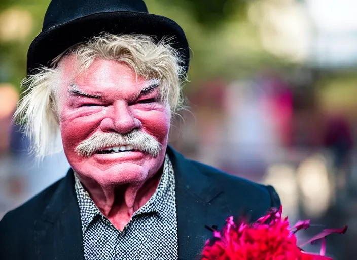 Image similar to photo still of rip taylor at a funeral service outside!!!!!!!! at age 5 4 years old 5 4 years of age!!!!!!! throwing confetti from a bucket, 8 k, 8 5 mm f 1. 8, studio lighting, rim light, right side key light