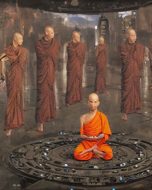 Image similar to a painting of cyborg buddhist monks sitting in circle praying to a big intricate machine, matte painting, highly detailed, sci-fi, cyberpunk art