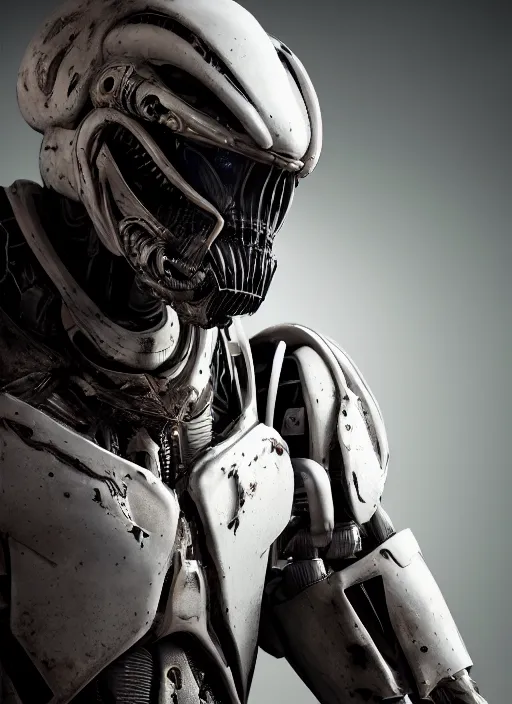 Image similar to a photorealistic dramatic hyperrealistic render of a predator the alien hunter exosuit in white bone armor, ultra realistic details, well worn by paul dave malla, cedric seaut from artstation, beautiful dramatic dark moody tones and lighting, cinematic atmosphere, studio lighting, global illumination, shadows, dark background, concept design art octane render, 8 k