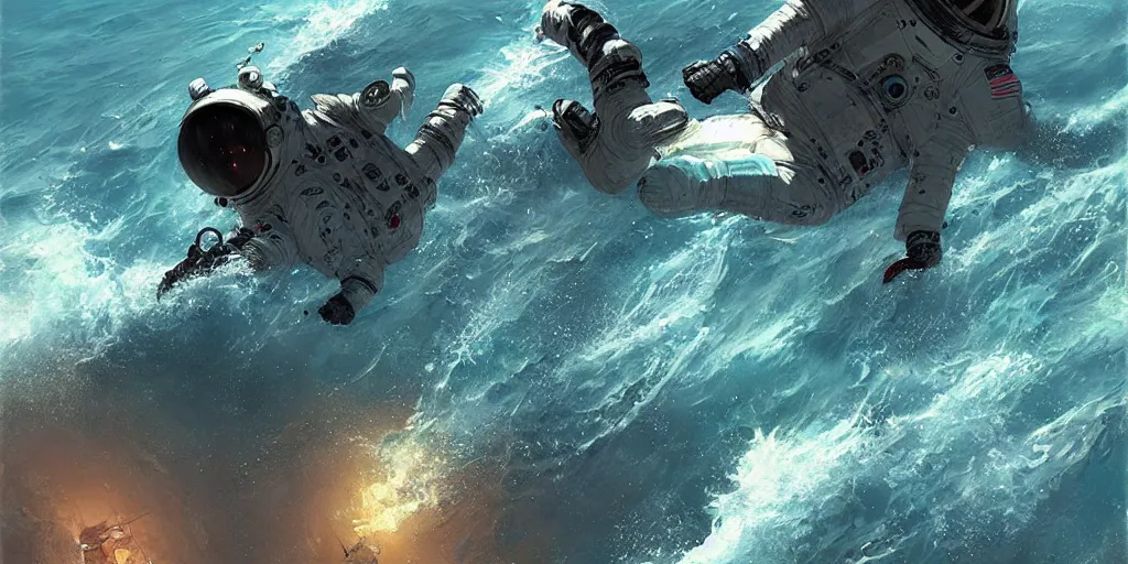 Image similar to an astronaut waist deep in the ocean,digital art,detailed,ultra realistic,art by greg rutkowski