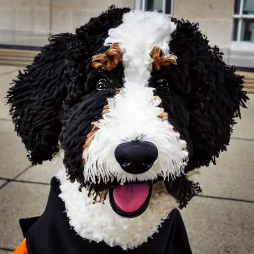 Image similar to a closeup photorealistic photograph of a cute smiling knitted bernedoodle judge dog dressed in a black gown, presiding over the courthouse. indoor shot, professional capture, well lit photo. this 4 k hd image is trending on artstation, featured on behance, well - rendered, extra crisp, features intricate detail, epic composition and the style of unreal engine.