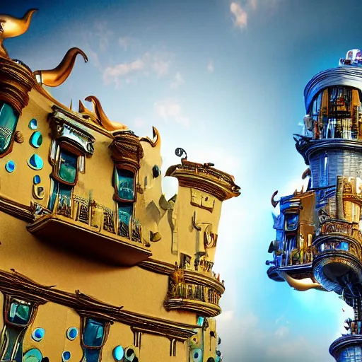 Prompt: architecture photo of a crazy whacky salvador dali building ultra render high quality award winning alien bizarre steampunk 8 k detailed hd telephoto lens