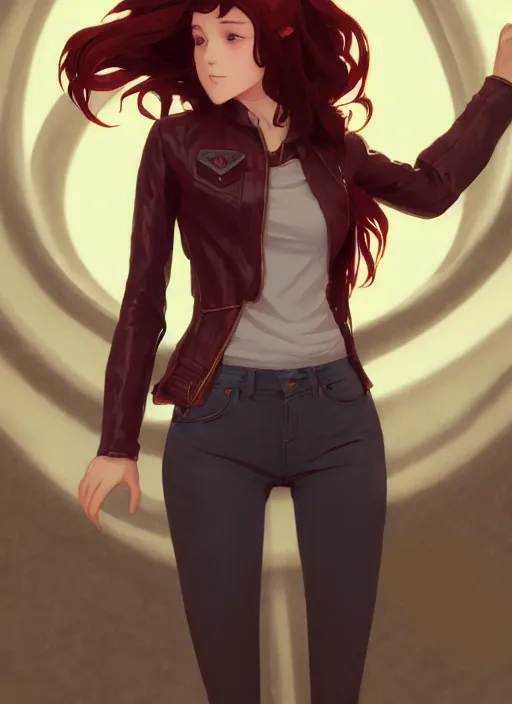 Prompt: pretty young woman with shoulder length shiny shimmering dark red hair and wearing worn leather jacket, concept art, t - pose, full body, path traced, highly detailed, high quality, digital painting, by studio ghibli and alphonse mucha, leesha hannigan, makoto shinkai, arcane