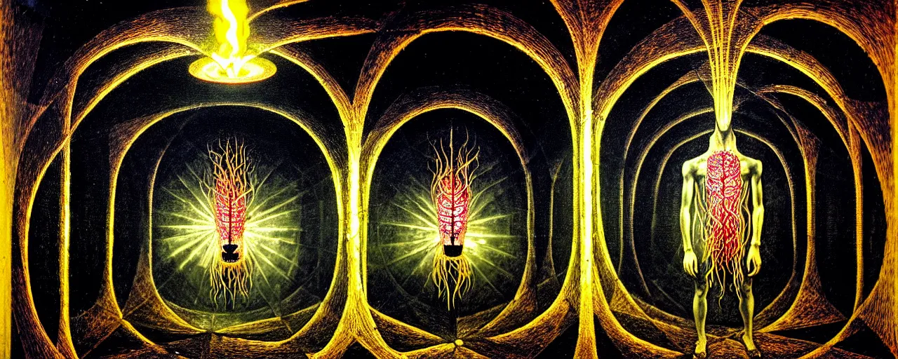 Image similar to epic tunnel, ego - self axis lit by fire torches, with a strange creature with endearing eyes reverberating a unique canto'as above so below'while being ignited by the spirit of haeckel and robert fludd, glory to soul, in honor of saturn, painted by ronny khalil