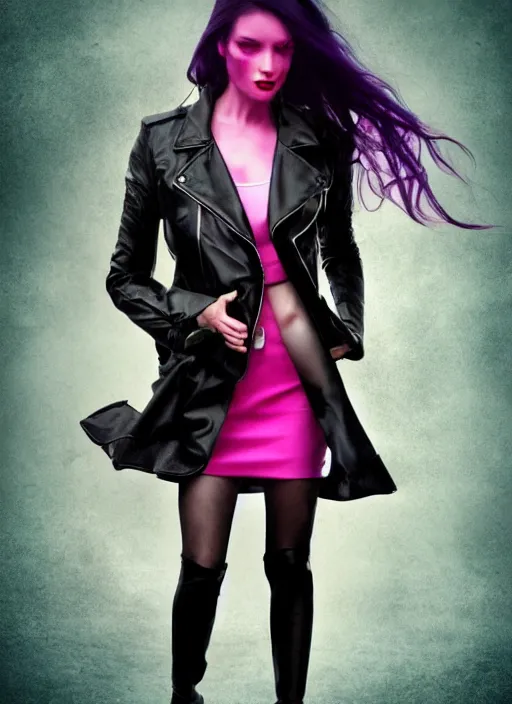 Image similar to a photo of 8 k ultra realistic a black haired female in high heels and a black leather jacket, pink, purple, green, yelow, red, blue, white neon, art by lise deharme