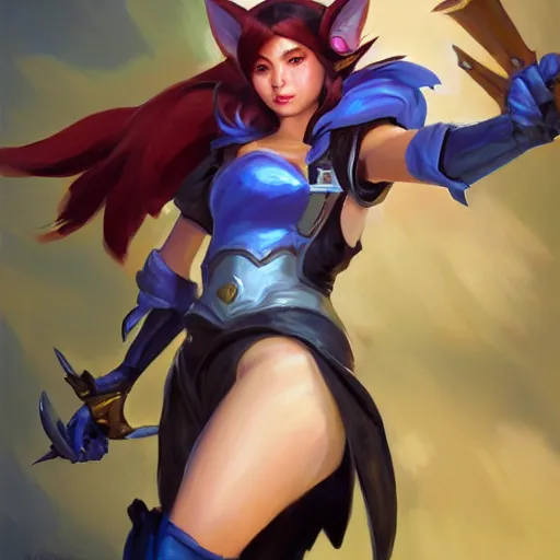 Image similar to greg manchess portrait painting of partially armored ahri from league of legends as overwatch character, medium shot, asymmetrical, profile picture, organic painting, sunny day, matte painting, bold shapes, hard edges, street art, trending on artstation, by huang guangjian, gil elvgren, ruan jia, randy vargas, greg rutkowski