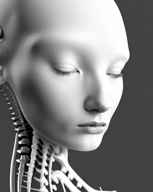 Image similar to white background, dreamy foggy elegant soft luminous bw profile face 3 d render of a beautiful young biomechanical - porcelain - female - cyborg with a delicate detailed mandelbrot fractal texture skin and a very long neck with gothic pearl embroidered collar, halo, white smoke atmosphere, rim light, hg giger, 8 k