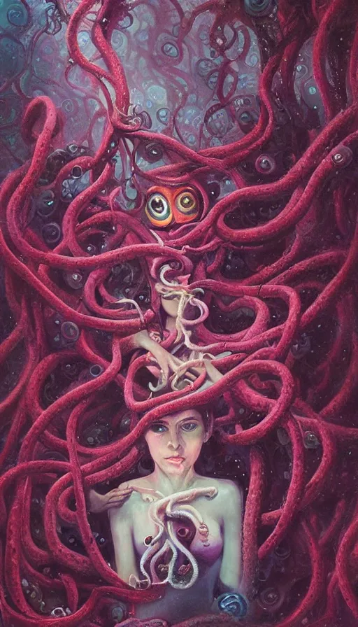 Image similar to very detailed portrait of a 2 0 years old girl surrounded by tentacles, the youg woman visage is blooming from fractal and vines, by paul lehr,