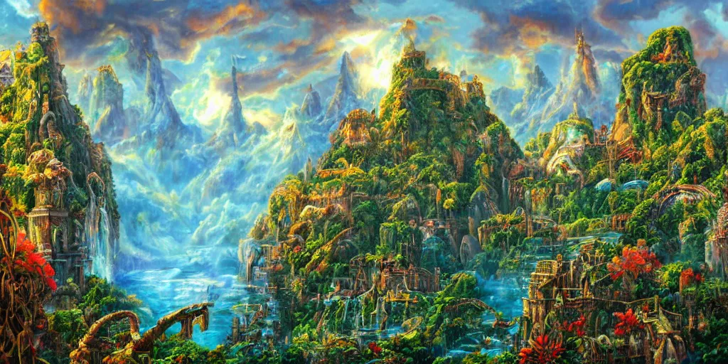 Image similar to fantasy oil painting, regale, fortress mega structure city, colossus of rhodes, atlantis, hybrid, looming, small buildings, warm lighting, overlooking, epic, lush plants flowers, rainforest mountains, bright clouds, luminous sky, outer worlds, cinematic lighting, michael cheval, michael whelan, oil painting, natural tpose