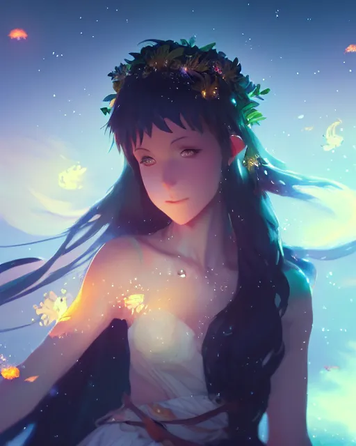 Prompt: goddess of the night surrounded by fireflies, wide angle view, cushart krenz, very detailed, realistic face, detailed face, matte, tonemapping, perfection, 4 k