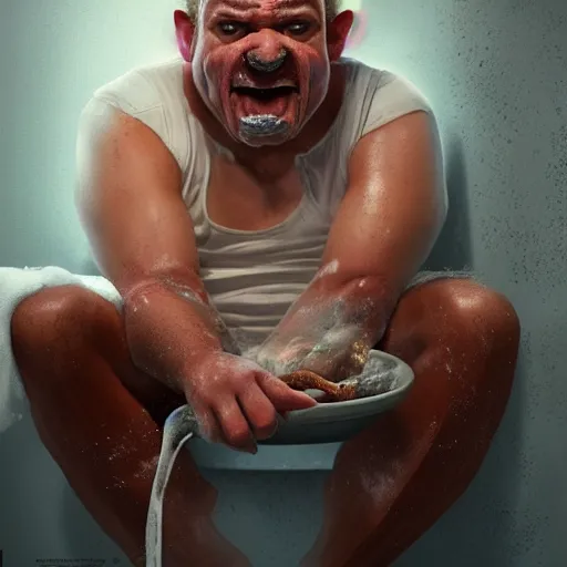 Image similar to ( ( viktor orban ) ) with realistic face sitting on the toilet and eating bacon by greg rutkowski, highly detailed, octane render, 4 k, 8 k, hdr, cgsociety, amazing lightning, masterpiece