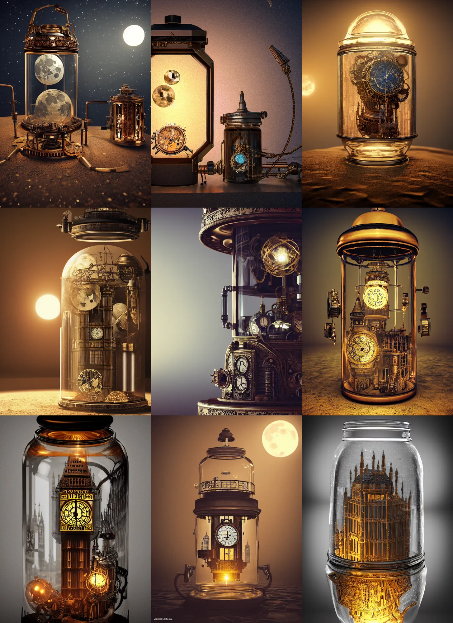 Prompt: steampunk desk inside a glass jar, full moon buried in sand, intricate detail, hyper detailed, ultra realistic, sharp focus, octane render, lantern, volumetric, ray tracing, artstation trending, big ben on the moon, cgsociety, sense of awe, mystical, moon, 4 k