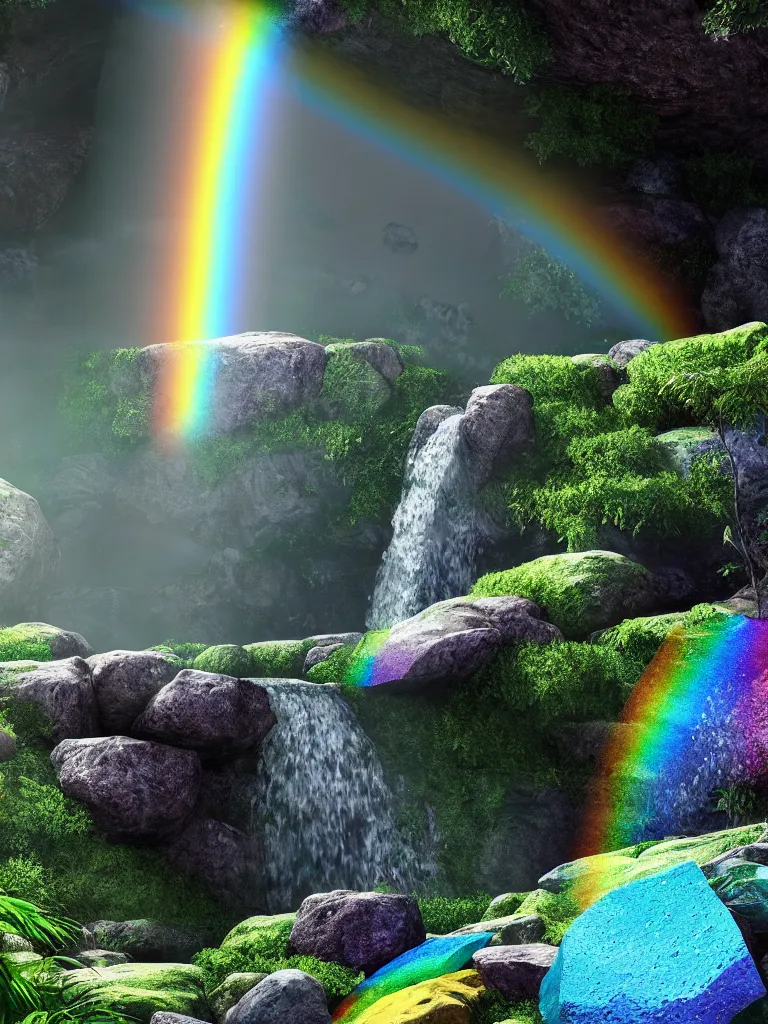Prompt: concept art of waterfall cascading onto rocks, small rainbow emerging in background, ethereal, beautiful scenery, intricately meticulously detailed, amazing, glitter, 8 k render octane high definition