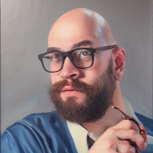 Prompt: oil painting, portrait of a young bald bearded man wearing glasses, drinking whiskey, highly detailed, trending on artstation