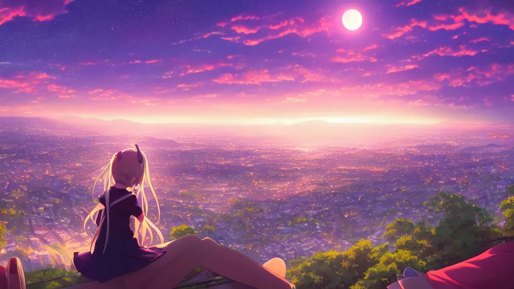 Prompt: a schoolgirl was looking at the city in the distance on the hillside, beautiful and spectacular dusk, sky was half illuminated by the setting sun and half was the beautiful milky way, rich vivid colors, ambient lighting, dynamic lighting, official media, anime key visual, rossdraws, detailed, trending on artstation.