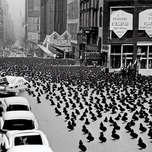 Prompt: many ducks and geese invading a street in New York in 1970, vintage cars, black and white photo