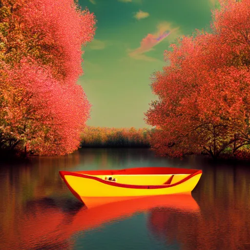 Image similar to boat on a river With tangerine trees and marmalade skies, psychedelic, octane render, 4K