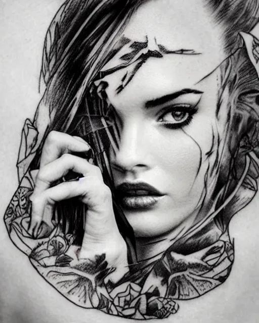 Image similar to creative double exposure effect tattoo design sketch of megan fox faded in beautiful mountain scenery, realism tattoo, in the style of matteo pasqualin, amazing detail, sharp