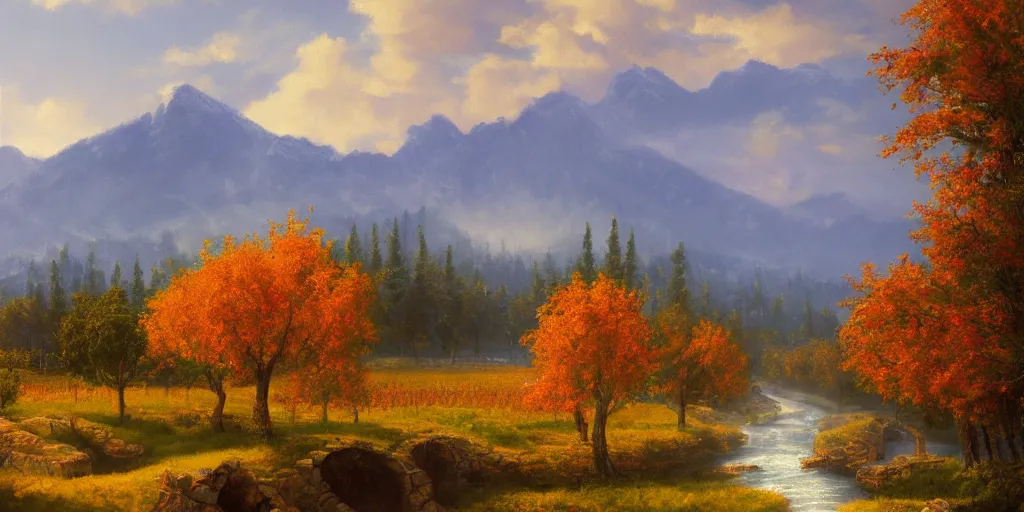 Image similar to painting of a FANTASY winery in autumn, with a river winding through them. In the distance, there are mountains. by bob ross, Albert Bierstadt, immaculate scale, hyper-realistic, trending on Artstation, 8k, detailed, atmospheric, immaculate