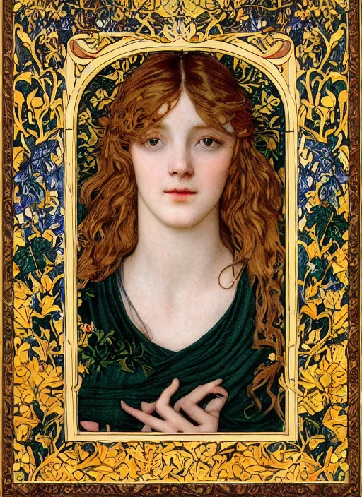 Prompt: masterpiece beautiful seductive flowing curves preraphaelite face portrait photography, ophelia extreme close up shot, straight bangs, thick set features, yellow ochre ornate medieval dress, amongst foliage mushroom forest circle arch, william morris and kilian eng and mucha, framed, 4 k