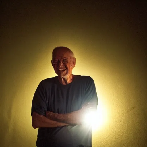 Image similar to an smiling old man standing in the dark with dramatic lighting