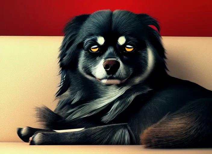 Image similar to a wholesome animation key shot of a black tibetan spaniel, sleeping on a leather couch, studio ghibli, pixar and disney animation, sharp, rendered in unreal engine 5, anime key art by greg rutkowski, bloom, dramatic lighting