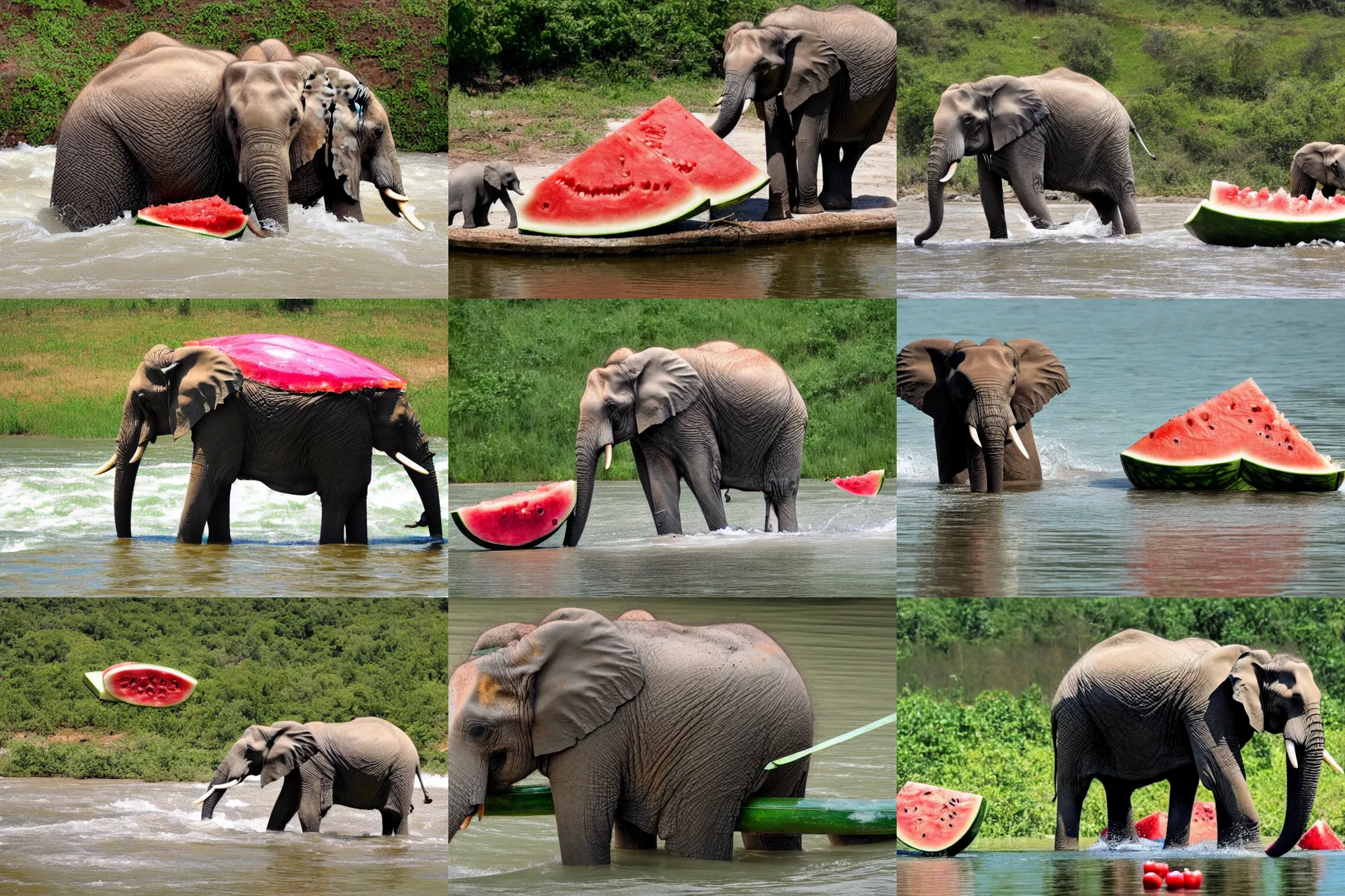 Prompt: an elephant sits in a crust from under a watermelon and floats on it along a river with white water